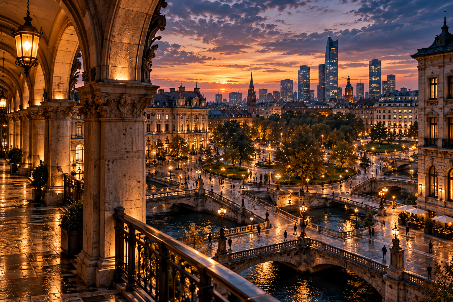 Illuminated stone arches overlooking branching bridges, a historic city square and modern financial towers at sunset