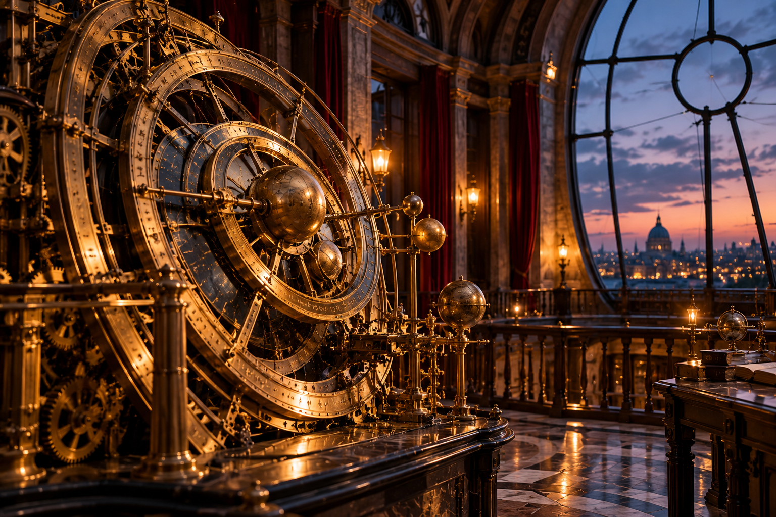 Historic observatory with a large brass astronomical mechanism and illuminated city skyline at dusk