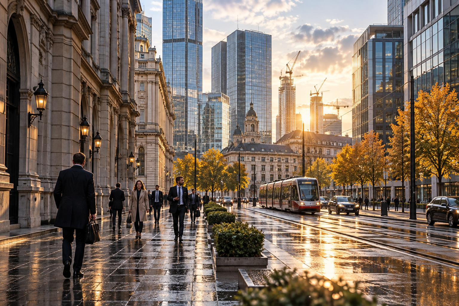Business professionals walking through a modern financial district with office towers and a tram at sunset