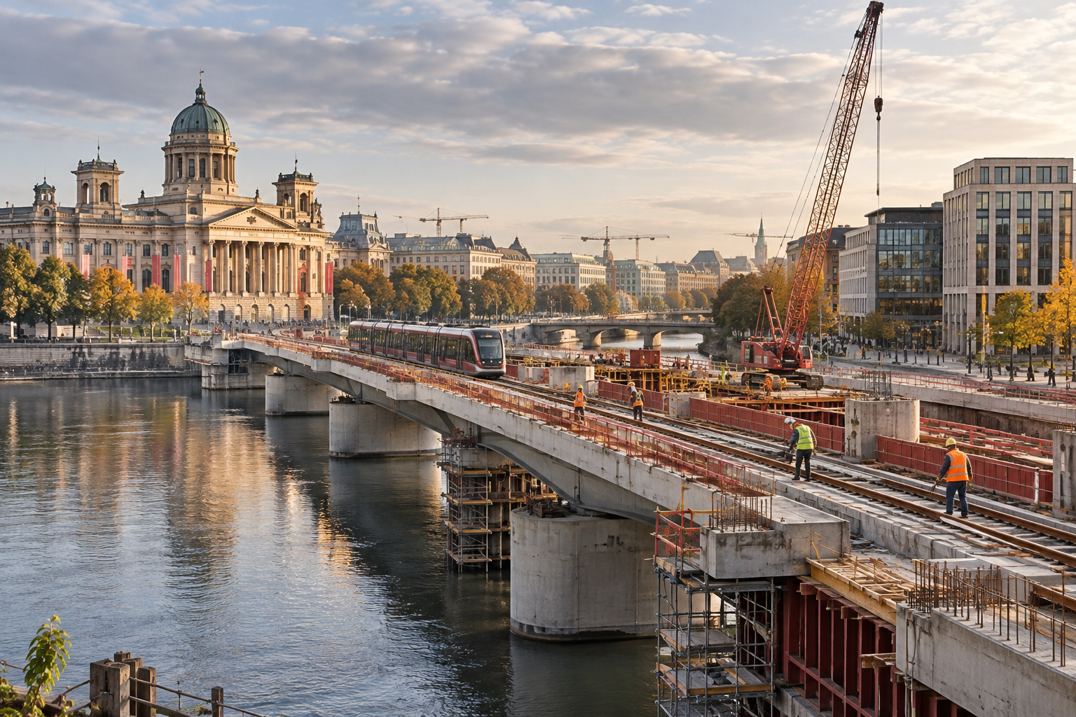 Workers constructing a new urban tram bridge over a river near a historic government building and modern offices