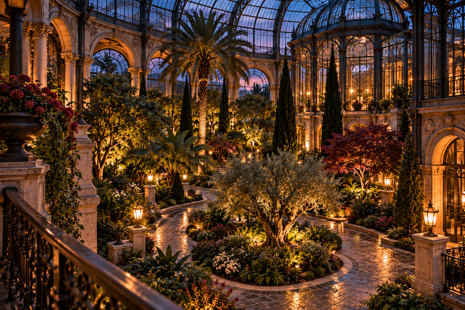 Historic botanical conservatory with diverse trees and illuminated pathways beneath a glass roof at dusk