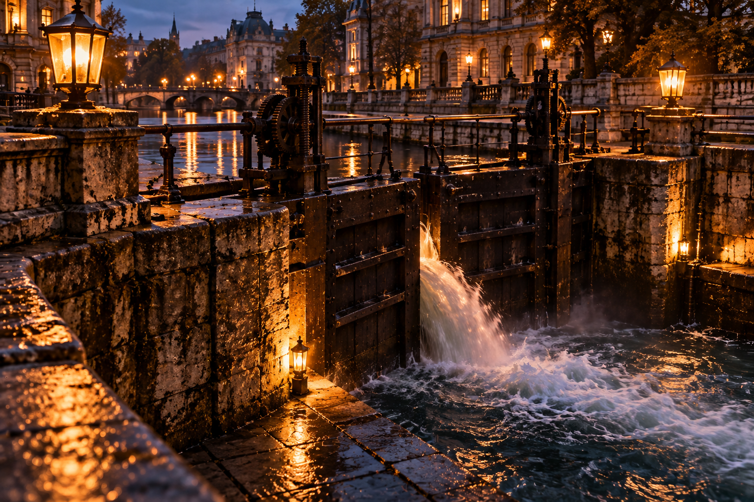 Historic city canal lock with water flowing through iron floodgates under warm evening lights