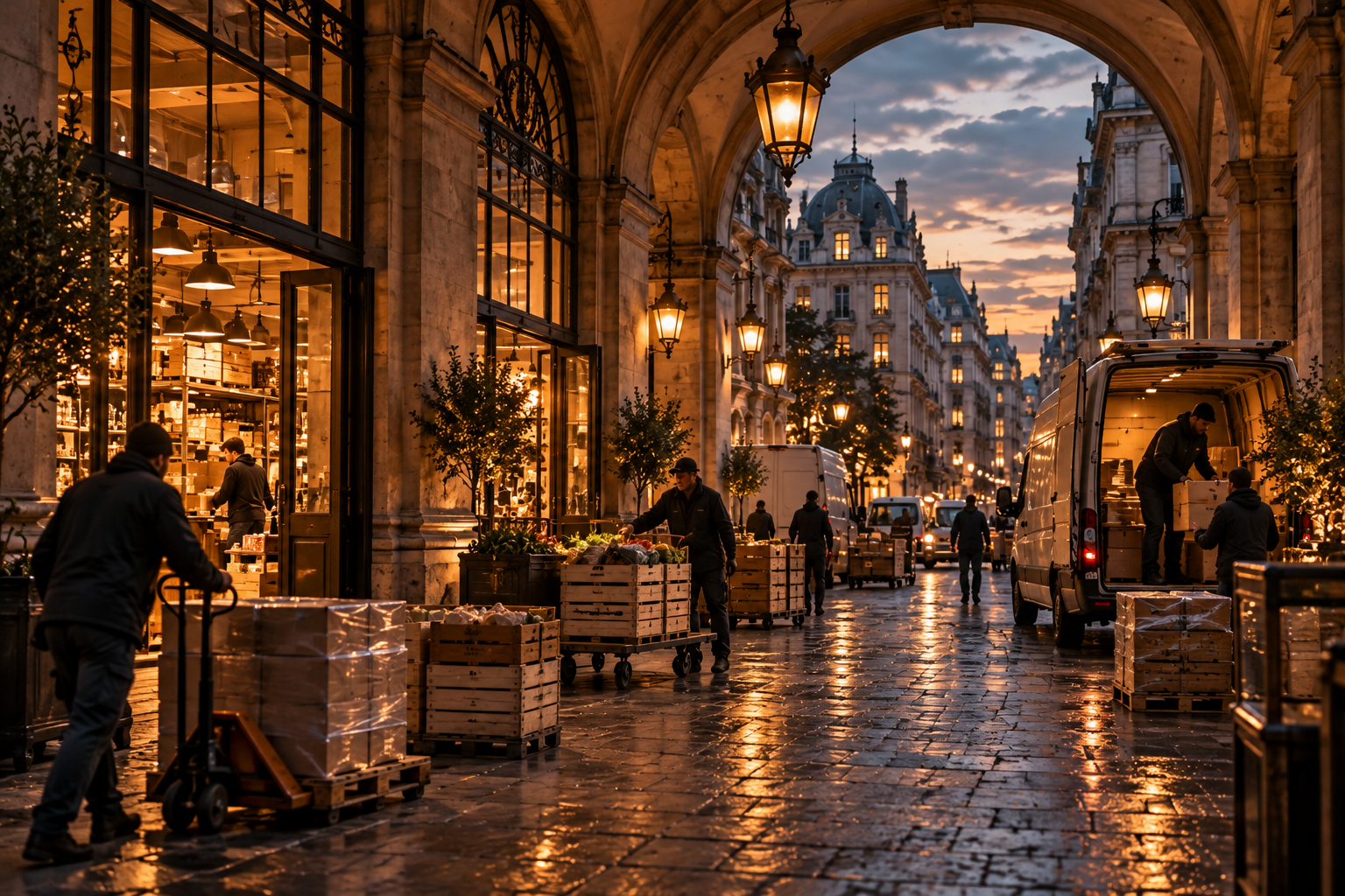 Workers loading delivery vans and transporting goods along a historic European street at dusk