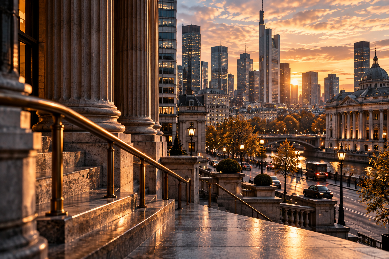 Curved bronze railings and stone steps overlooking a historic financial district and modern skyline at sunset