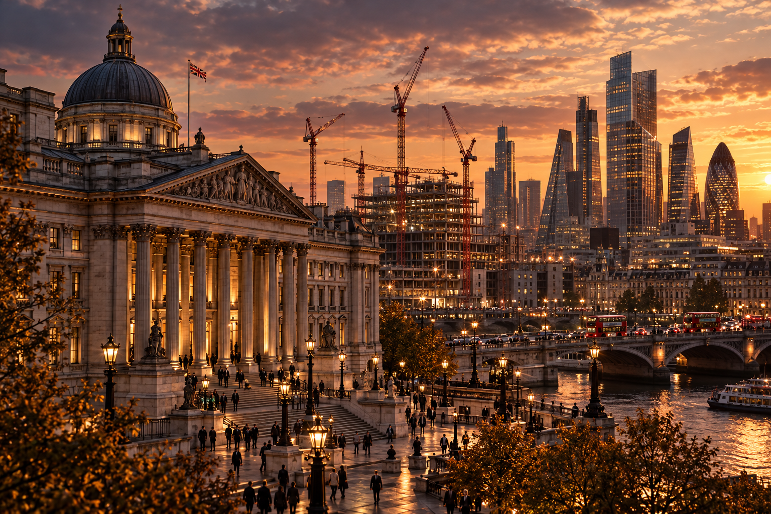 Historic government building, construction cranes and modern financial towers at sunset