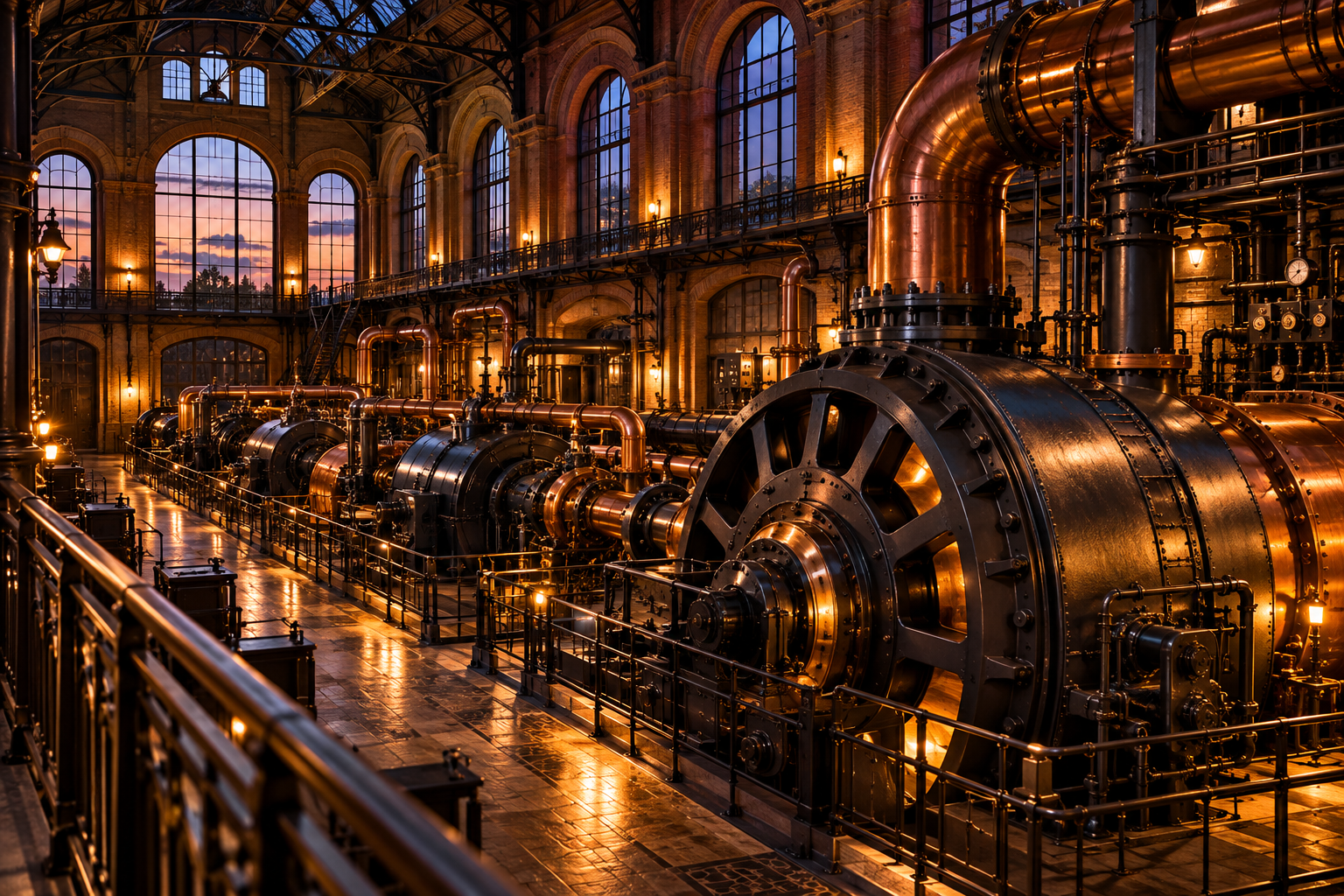 Historic industrial turbine hall with large generators, copper pipes and warm lighting at dusk