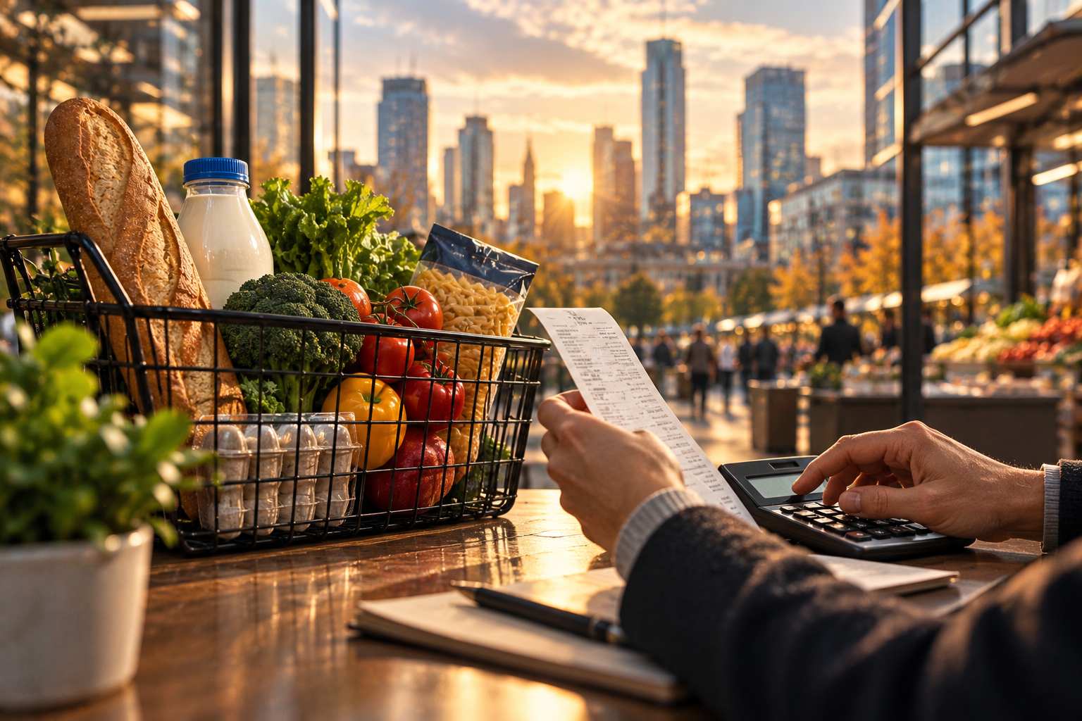 Grocery basket with everyday food items, receipt and calculator overlooking a modern financial district at sunset