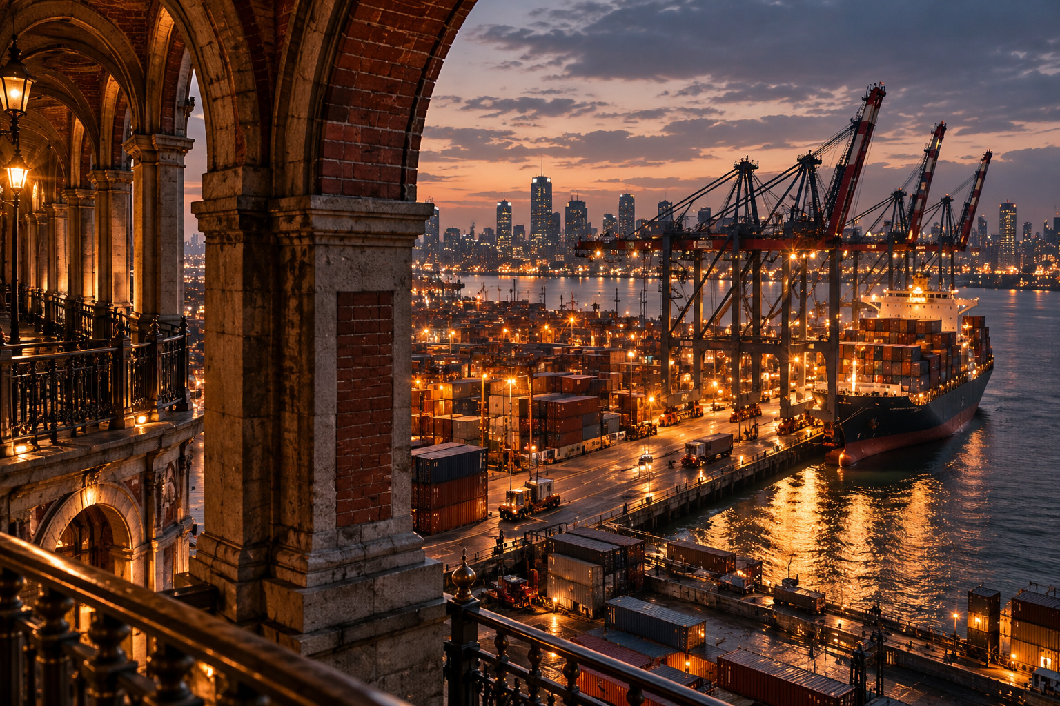 Historic brick arcade overlooking an illuminated cargo port and container terminal at dusk