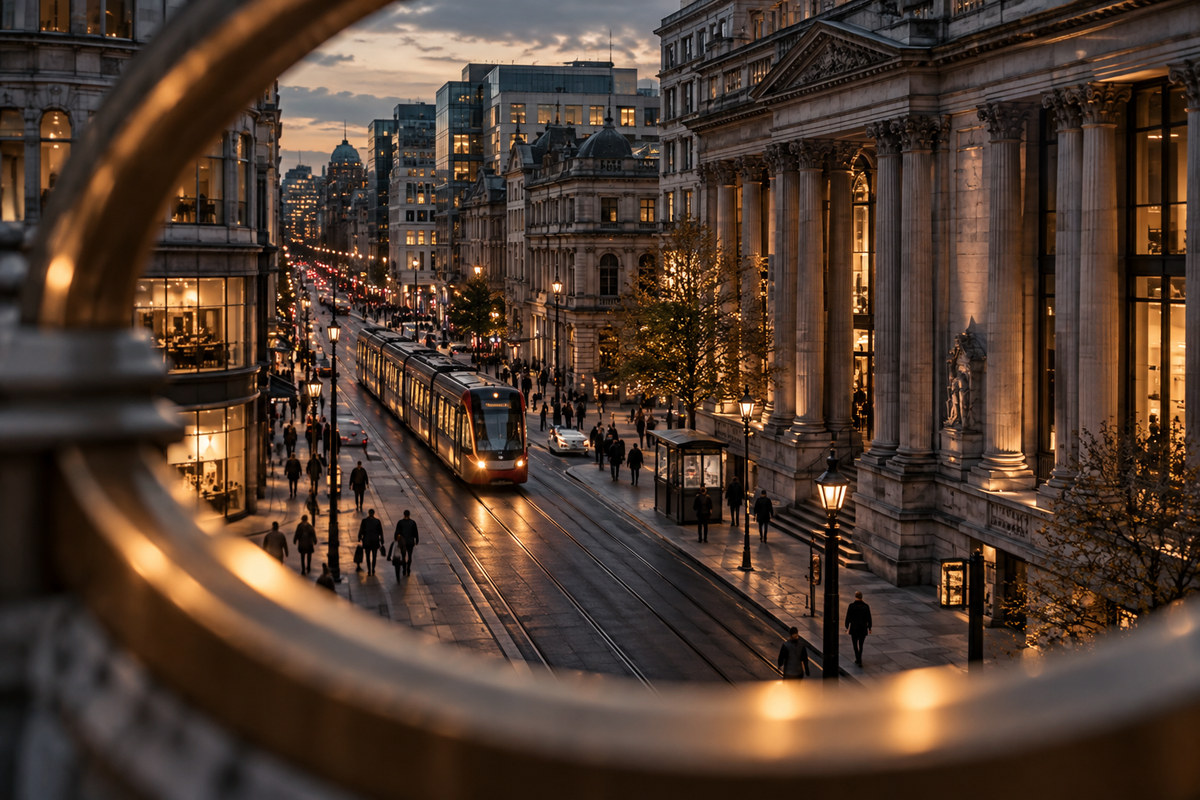Evening financial district with historic architecture and illuminated tram illustrating monetary policy and economic activity